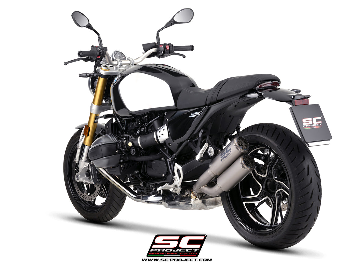 BMW R 12 nineT with SC-Project Twin CR-T titanium exhaust, 3/4 rear view