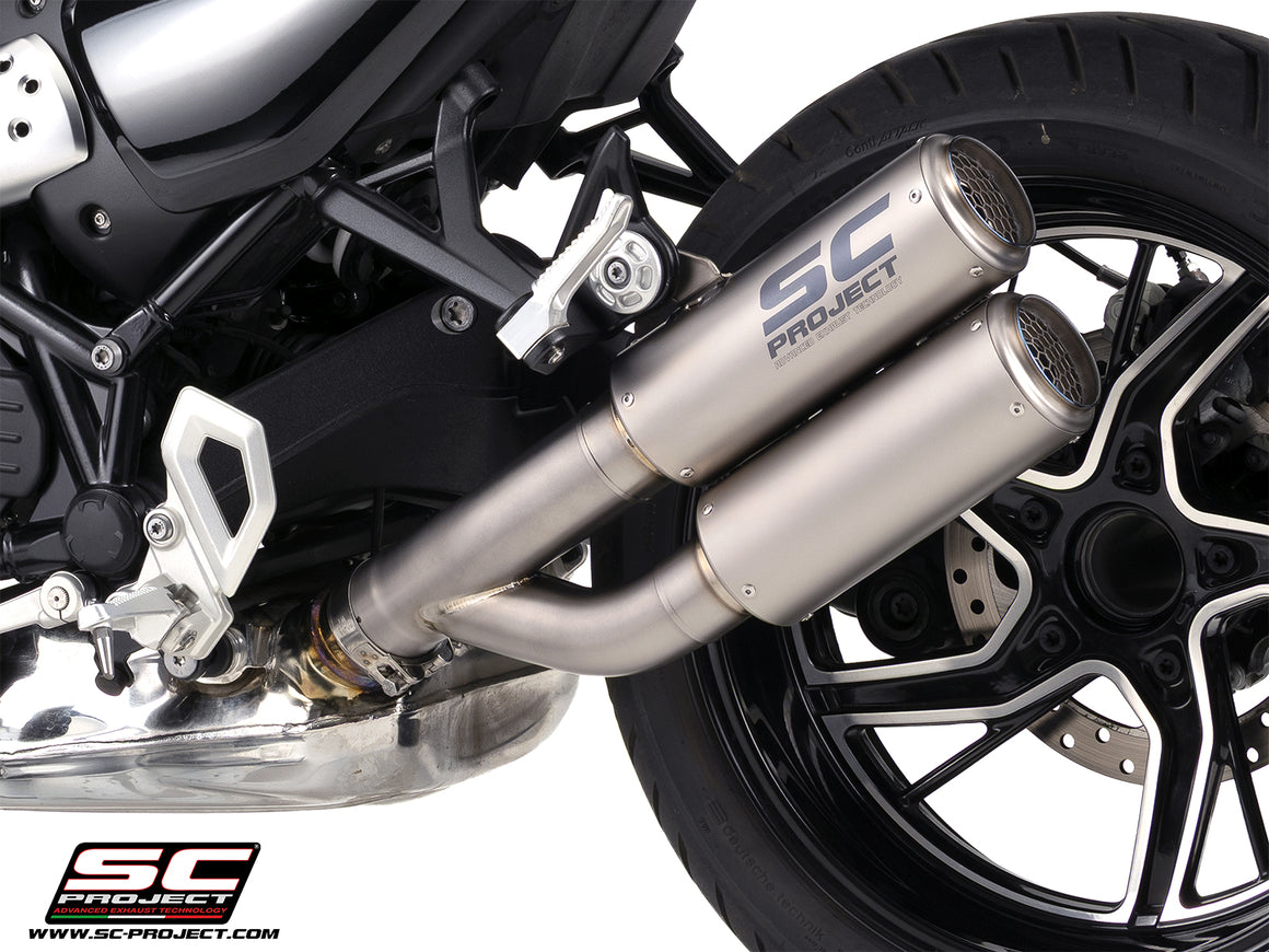 BMW R 12 nineT with SC-Project Twin CR-T titanium exhaust, 3/4 rear view