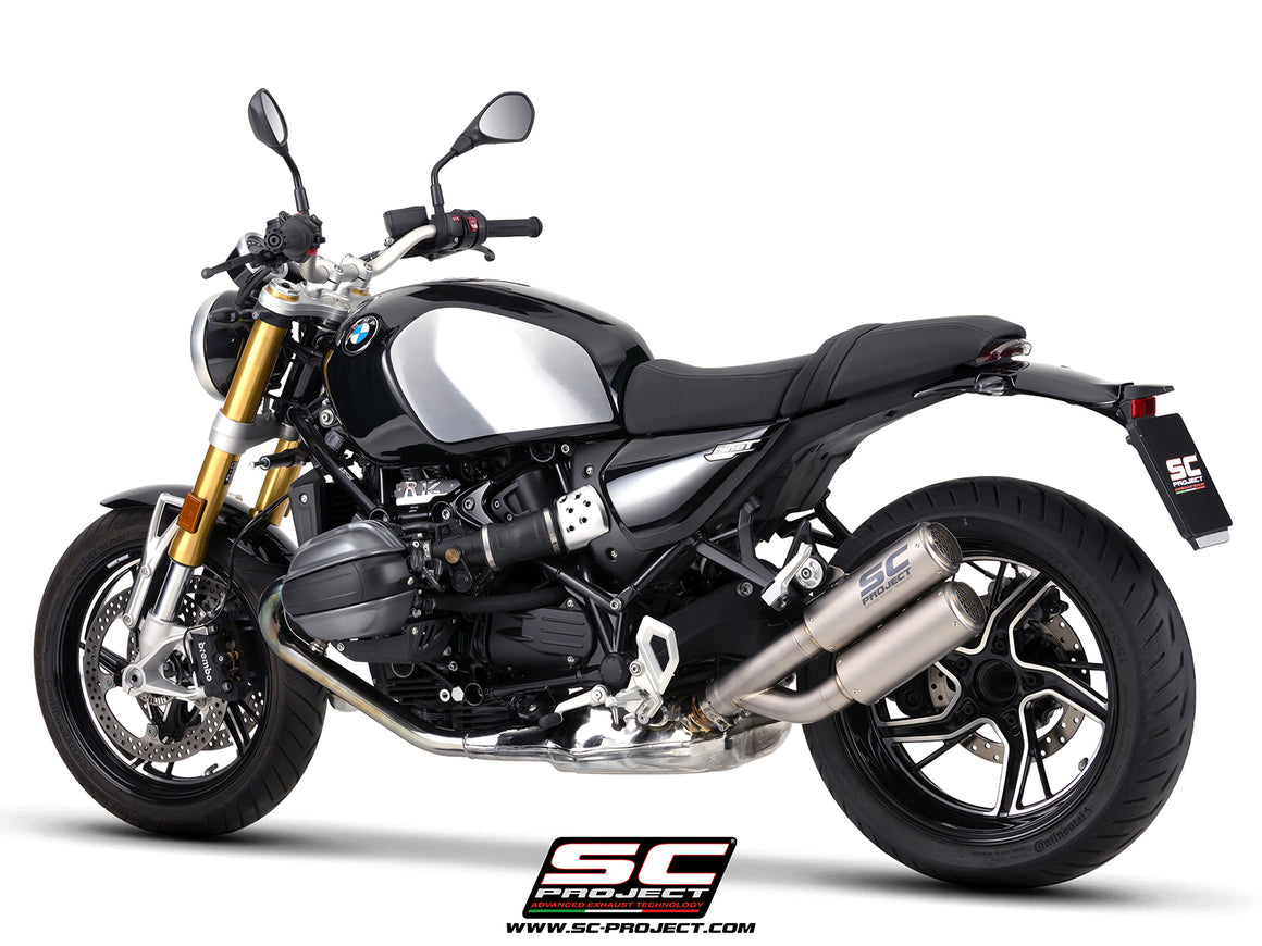 BMW R 12 nineT with SC-Project Twin CR-T titanium exhaust, 3/4 rear view