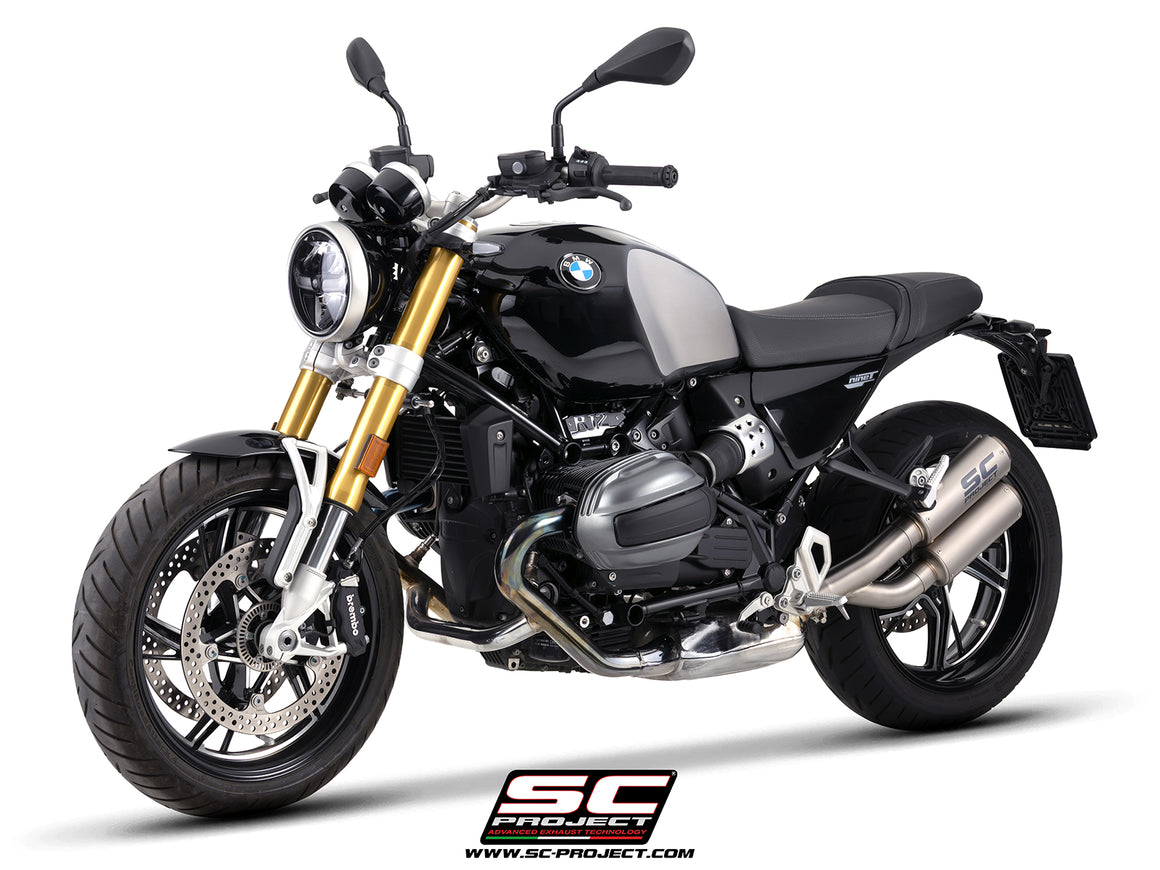 BMW R 12 nineT with SC-Project Twin CR-T titanium exhaust, 3/4 rear view