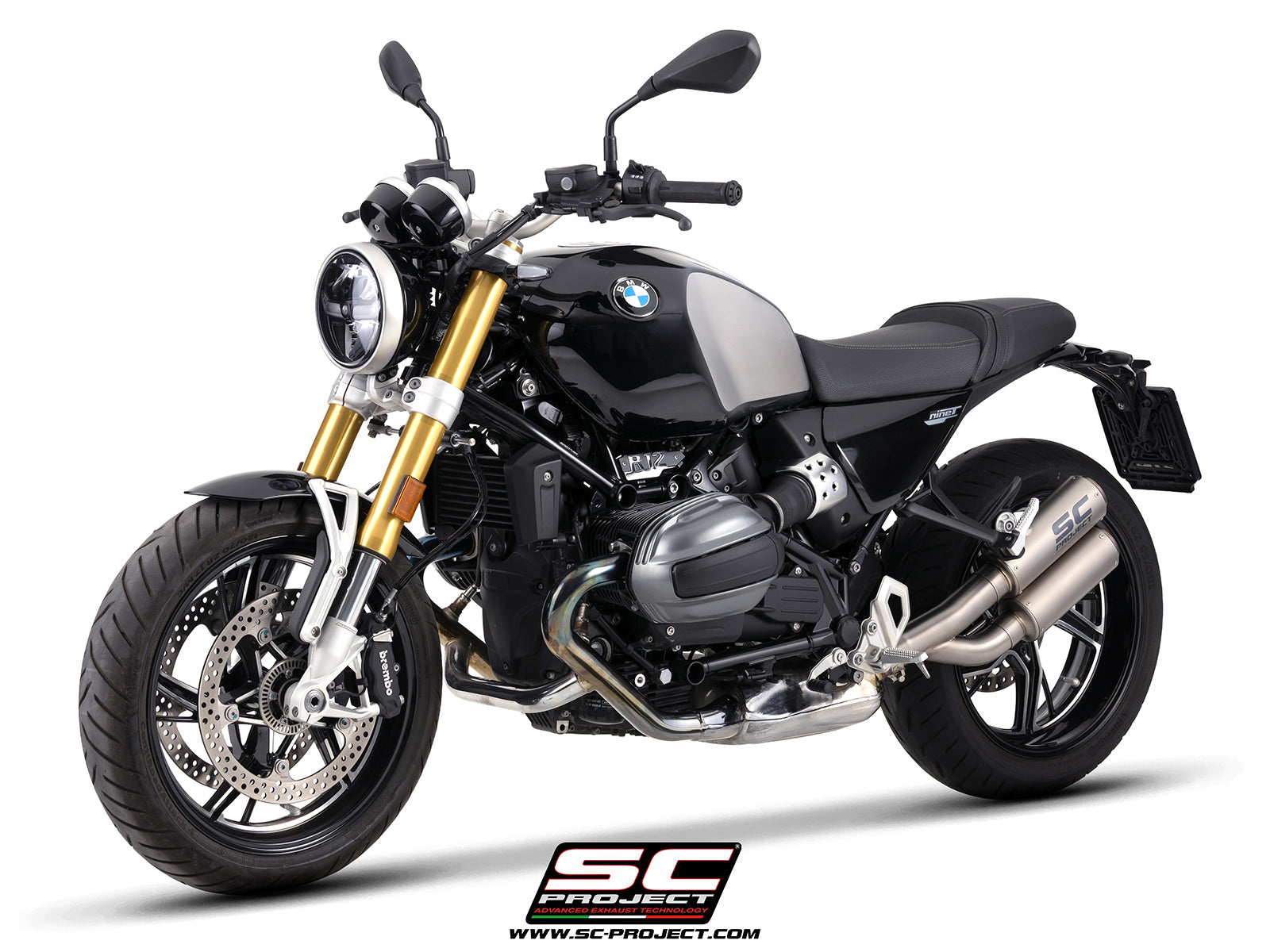 BMW R 12 nineT with SC-Project Twin CR-T titanium exhaust, 3/4 rear view