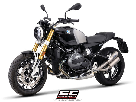 BMW R 12 nineT with SC-Project Twin CR-T titanium exhaust, 3/4 rear view