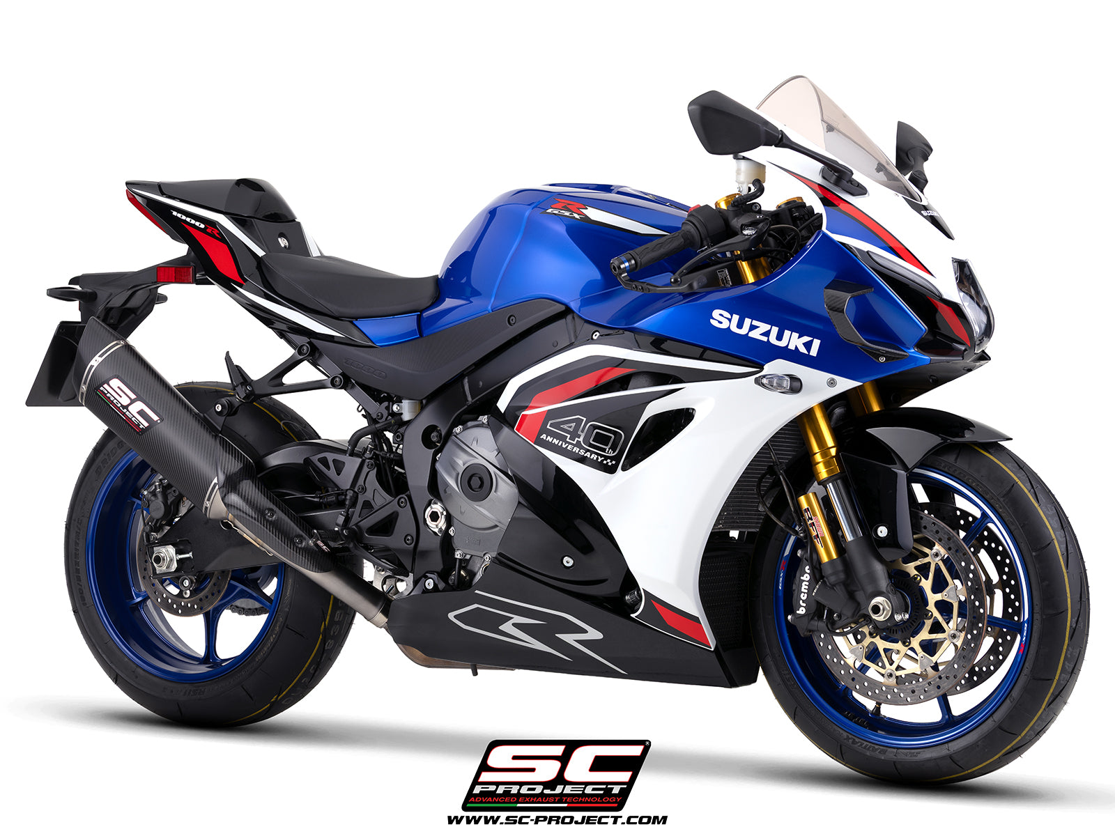 Suzuki GSX-R1000R with SC-Project SC1-R 350mm carbon fibre exhaust, 3/4 rear view