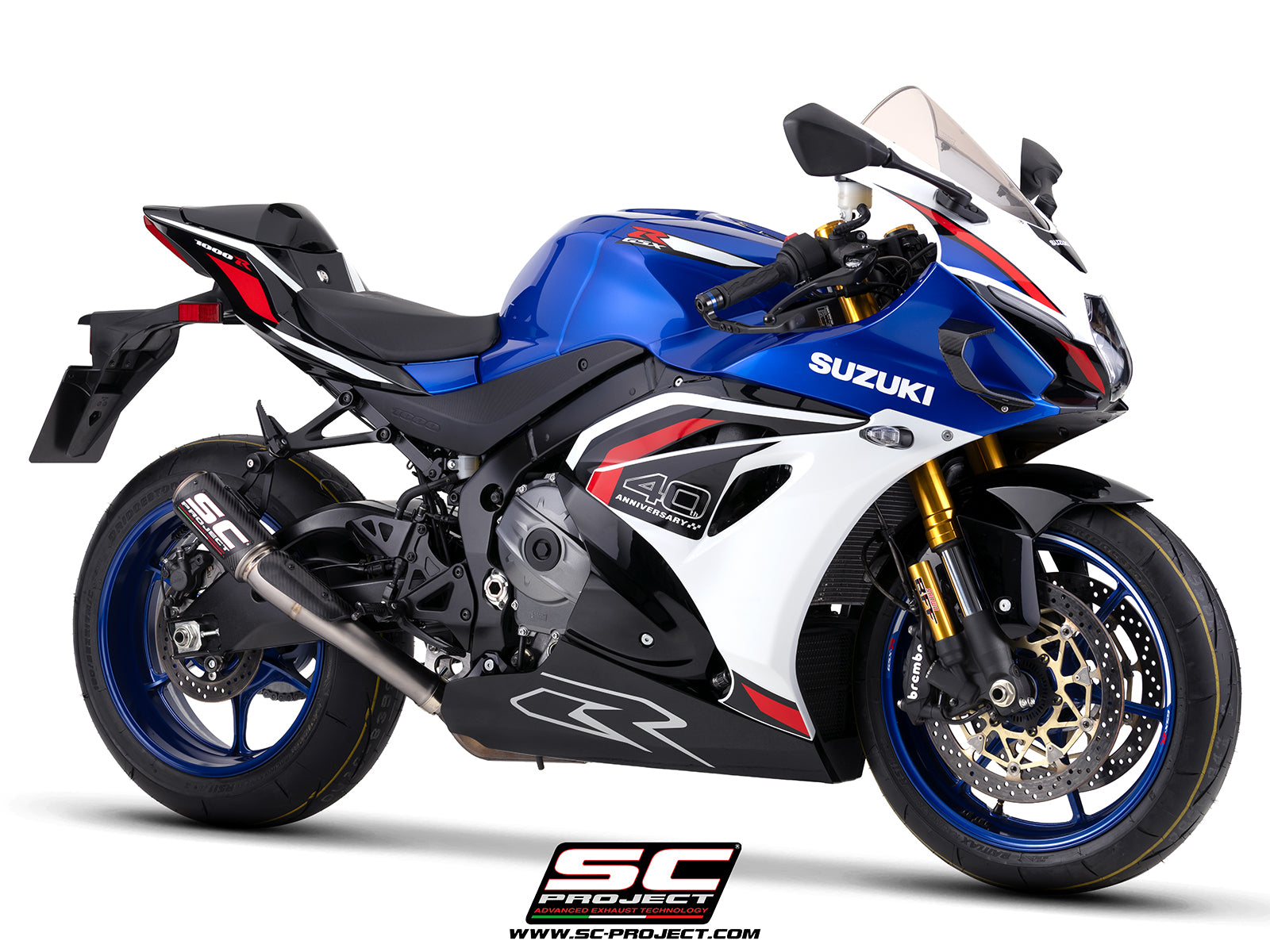 Suzuki GSX-R1000R with SC-Project CR-T carbon fibre exhaust, 3/4 rear view