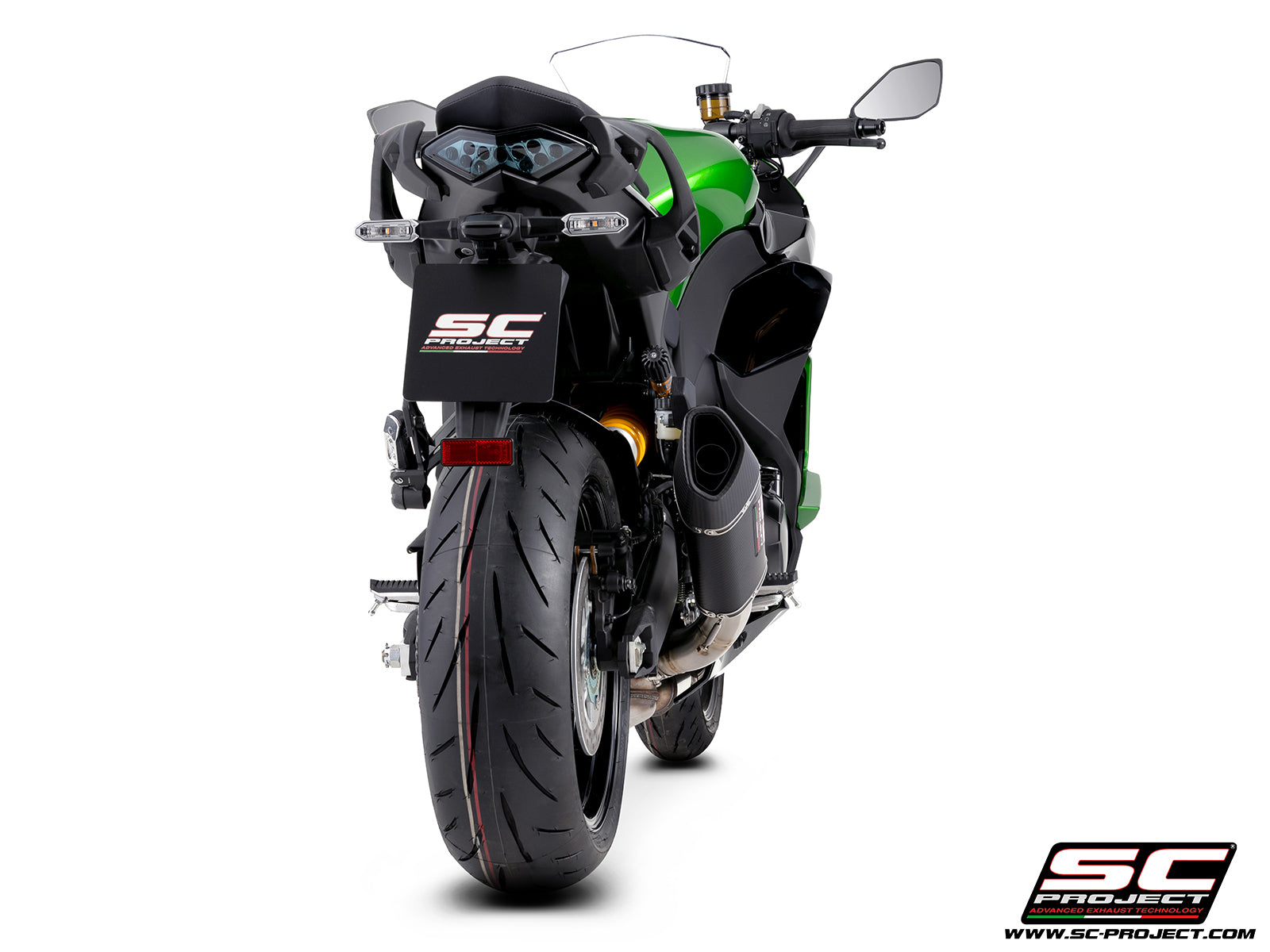 Kawasaki Ninja 1100SX with SC-Project SC1-R carbon fibre exhaust, 3/4 rear view