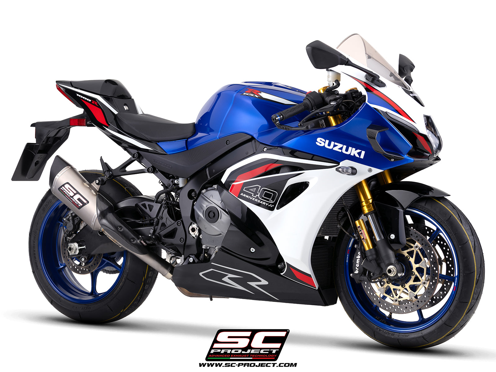 Suzuki GSX-R1000R with SC-Project SC1-R 250mm titanium exhaust, 3/4 rear view