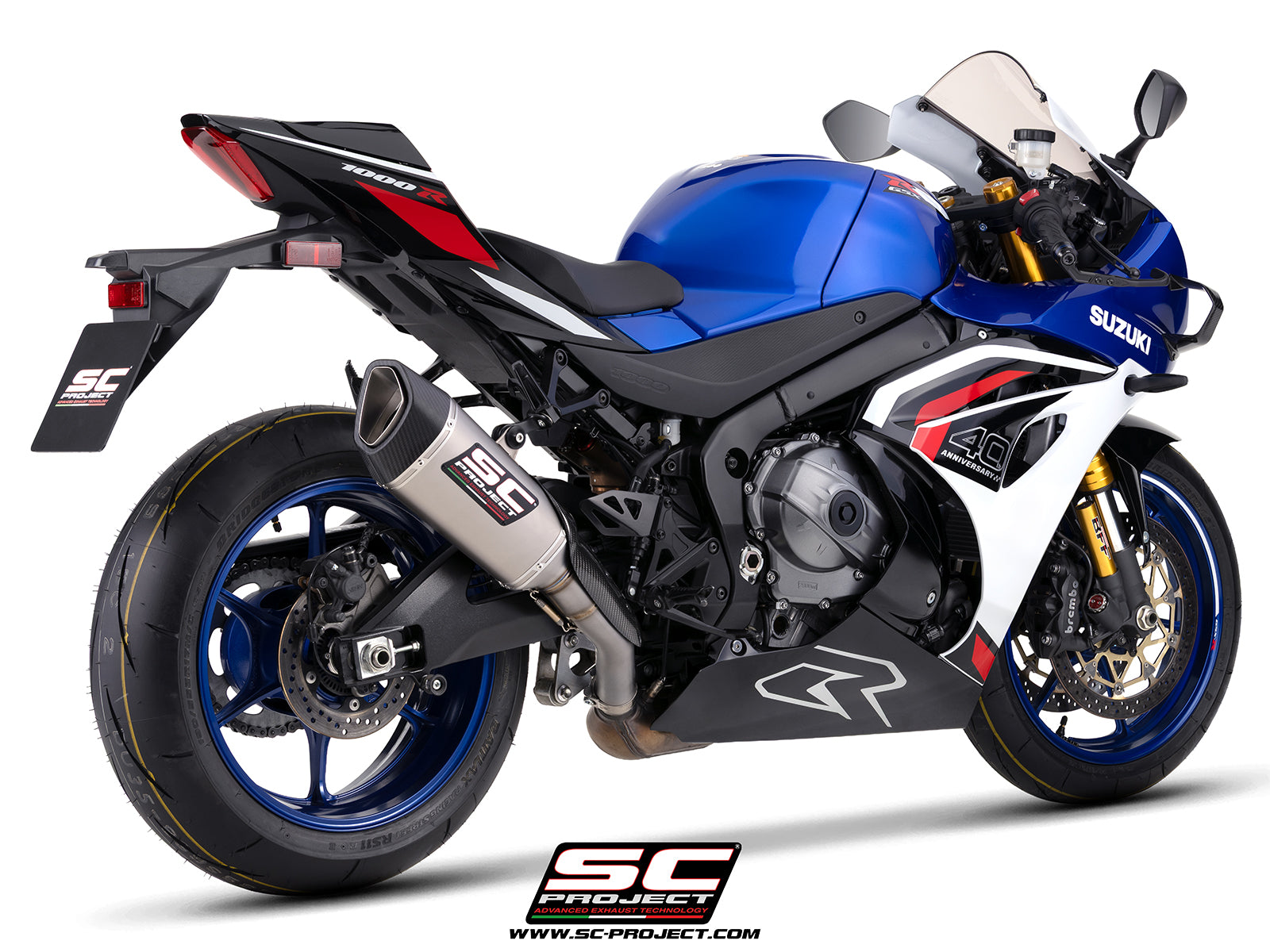 Suzuki GSX-R1000R with SC-Project SC1-R 250mm titanium exhaust, 3/4 rear view