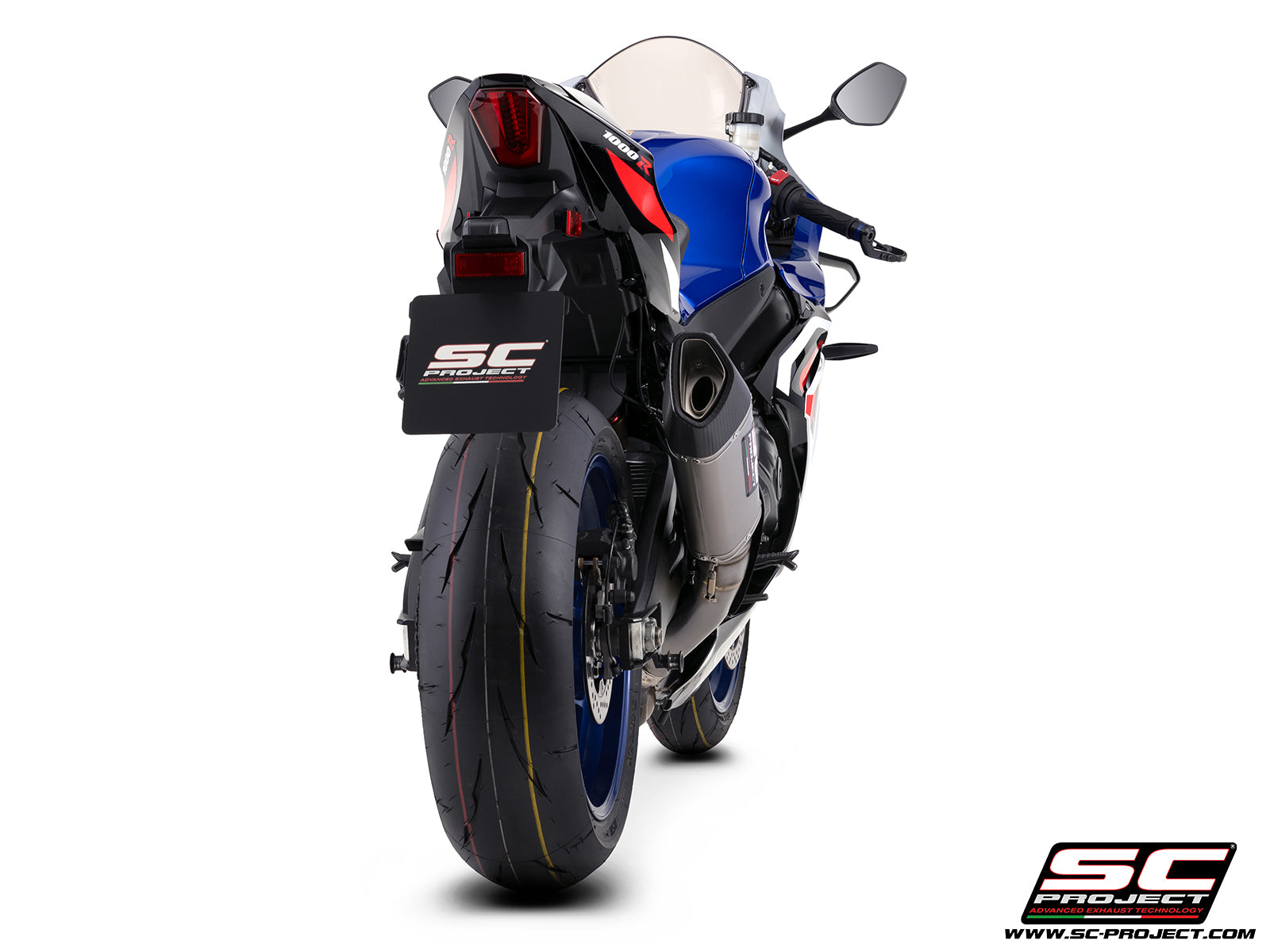 Suzuki GSX-R1000R with SC-Project SC1-R 250mm titanium exhaust, 3/4 rear view