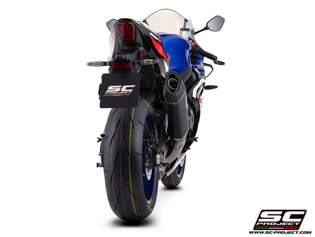 Suzuki GSX-R1000R with SC-Project SC1-R 350mm carbon fibre exhaust, 3/4 rear view
