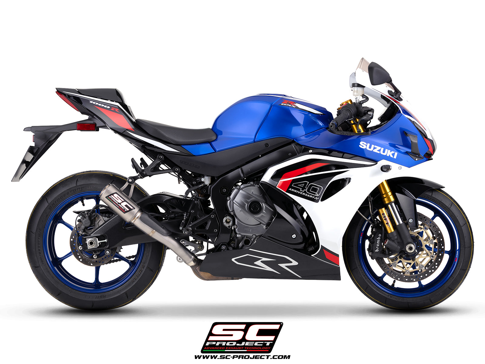 Suzuki GSX-R1000R with SC-Project CR-T titanium exhaust, 3/4 rear view
