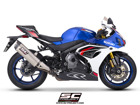 Suzuki GSX-R1000R with SC-Project SC1-R GT titanium exhaust, 3/4 rear view