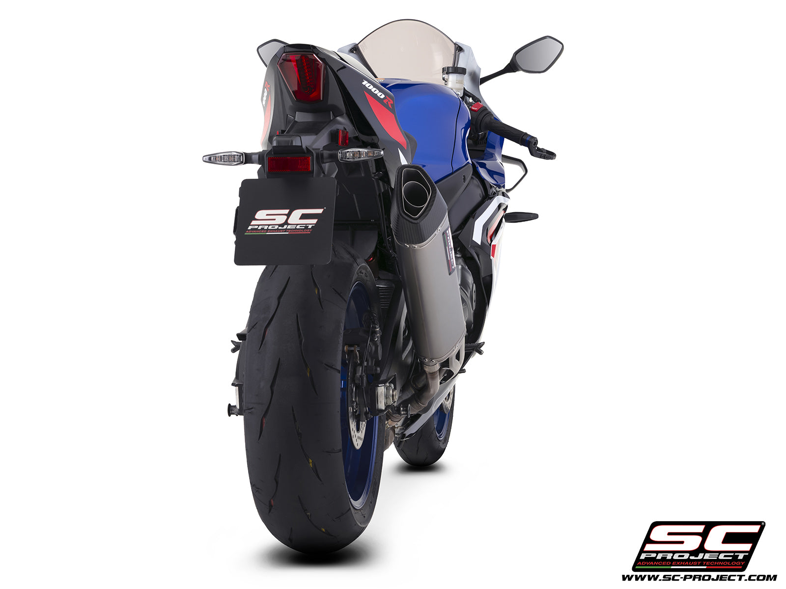Suzuki GSX-R1000R with SC-Project SC1-R GT titanium exhaust, 3/4 rear view