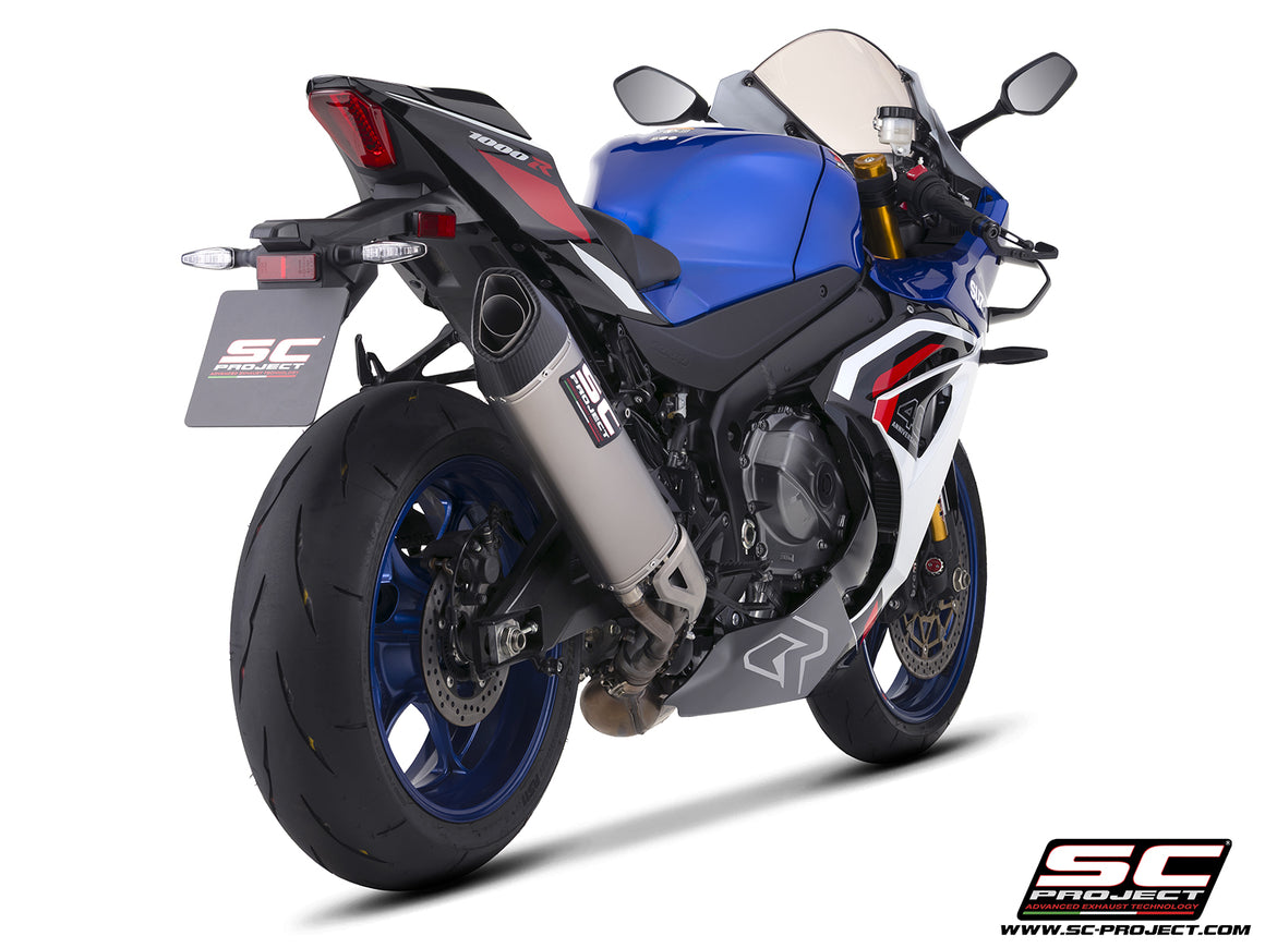 Suzuki GSX-R1000R with SC-Project SC1-R GT titanium exhaust, 3/4 rear view