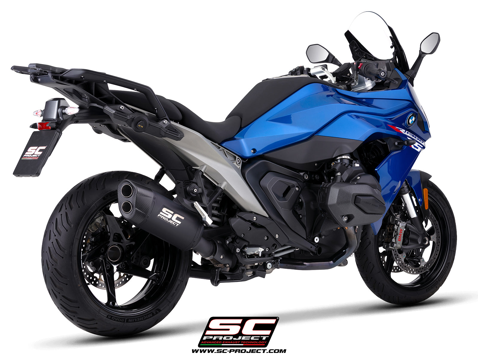 BMW R 1300 RS with SC-Project Adventure-R titanium matt black exhaust, 3/4 rear view