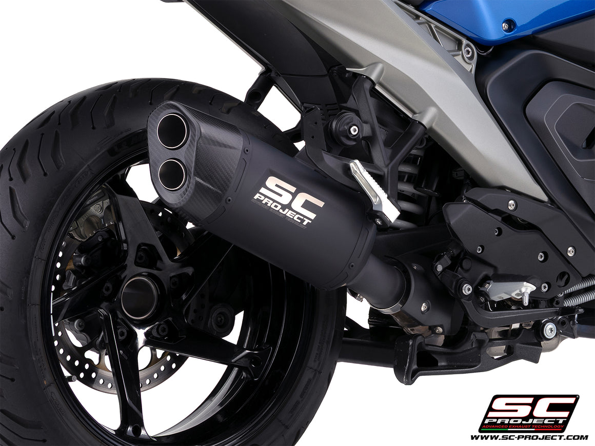 BMW R 1300 RS with SC-Project Adventure-R titanium matt black exhaust, 3/4 rear view