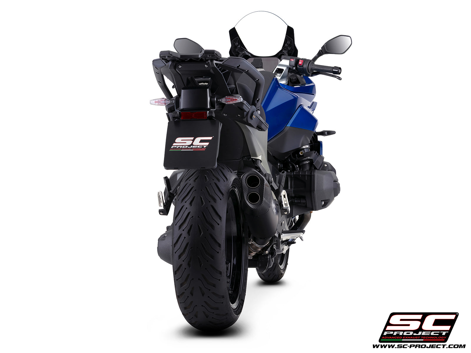 BMW R 1300 RS with SC-Project Adventure-R titanium matt black exhaust, 3/4 rear view