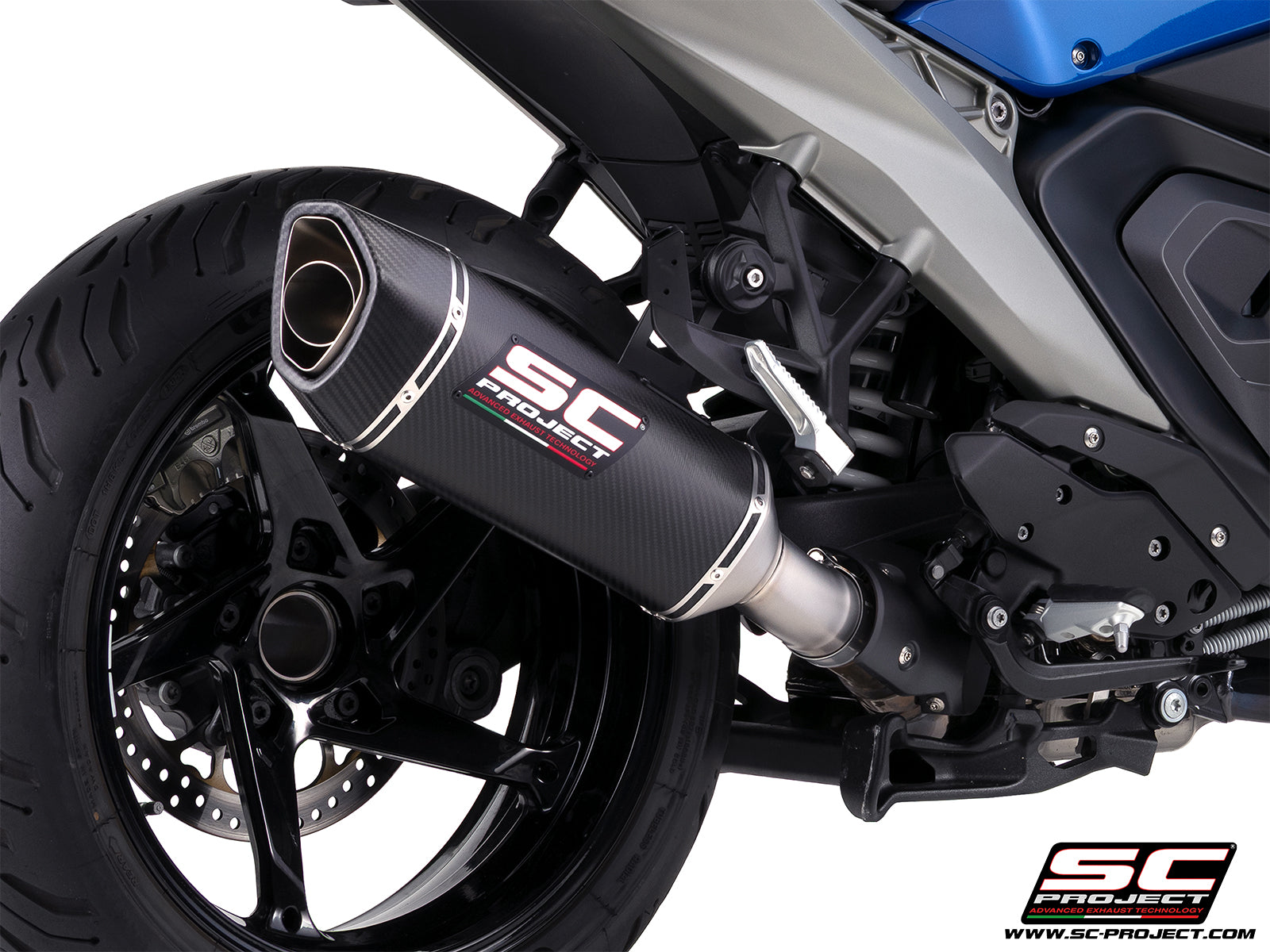 BMW R 1300 RS with SC-Project SC1-R carbon fibre exhaust, 3/4 rear view