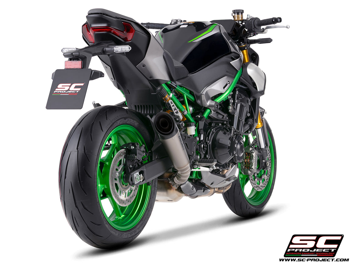 Kawasaki Z900 with SC-Project S1 titanium exhaust, 3/4 rear view