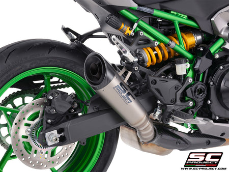 Kawasaki Z900 with SC-Project S1 titanium exhaust, 3/4 rear view