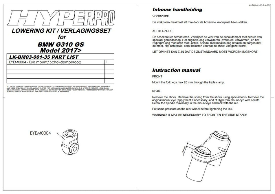 Hyperpro Rear Wheel Lowering-Lift Kits - Low Kit -35Mm Bmw G 310 Gs 17-