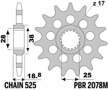 EK kettingkit 525 ZVX3 19/47 – 120 schakels, PBR stalen achtertandwiel