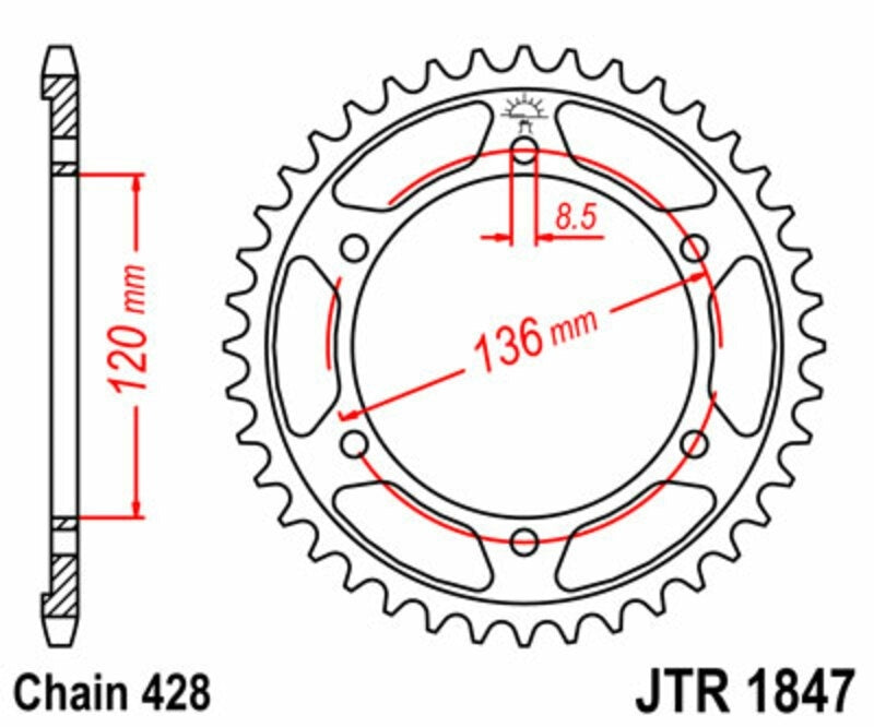 EK kettingkit 428 ZVX 16/57 – 136 schakels, JT stalen achtertandwiel