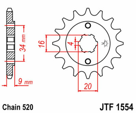 EK kettingkit 520 H 14/46 – 116 schakels, JT stalen achtertandwiel
