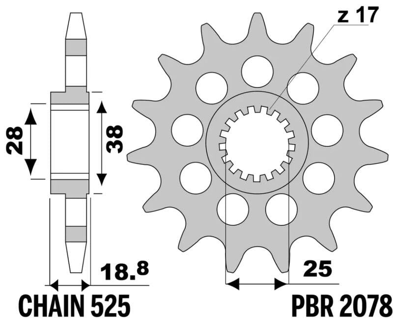 EK kettingkit 525 ZVX3 17/44 – 122 schakels, PBR stalen achtertandwiel – art. 3070313