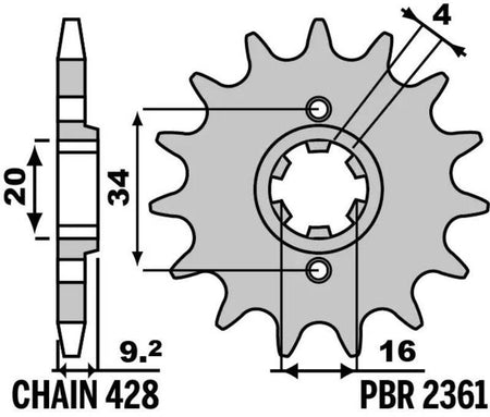 EK kettingkit 428 DEH 15/47 – 122 schakels, PBR stalen achtertandwiel