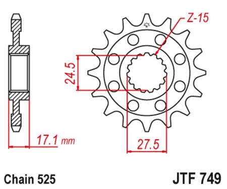 EK kettingkit 525 16/42 – 124 schakels, JT stalen achtertandwiel – art. 3073270
