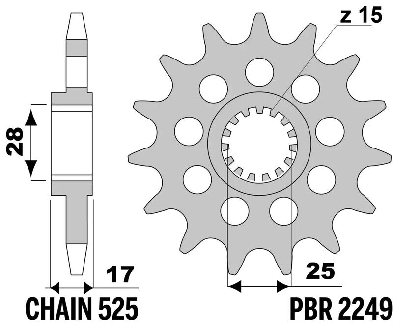 EK kettingkit 525 ZVX3 16/42 – 126 schakels, PBR stalen achtertandwiel